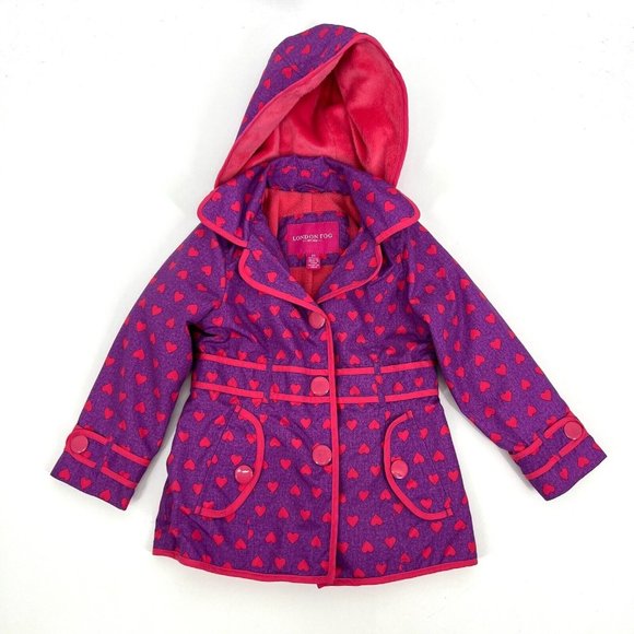 London Fog Girls Raincoat Jacket Purple Pink Heart Print Hooded Fleece Lined - Picture 1 of 12